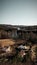 Vertical shot of a beautiful view of houses and trees near the river