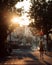 Vertical shot of a blonde woman walking on the streets of Basel, Switzerland at sunset.