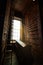 Vertical shot of bookshelves in the library with old volumes of books