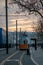 Vertical shot of Budapest tram under a cloudy dusk day