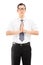 Vertical shot of a calm businessman meditating