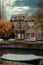 Vertical shot of a channel surrounded by cars and buildings under a cloudy sky in the Netherlands