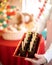 Vertical shot of Christmas desserts on plastic tray. Colorful tasty chocolate, perfect for wallpaper