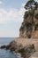 Vertical shot of coastline cliffs with bushes under a blue clear sky in Monaco