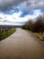 Vertical shot of a curvy paved road going through a rural vineyard landscape under a cloudy sky