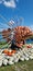 Vertical shot of a decorative lionfish made of pumpkins.