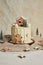 Vertical shot of a delicious Christmas cake with gingerbread decorations and coconutâ€“almond balls