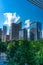 Vertical shot of Discovery Green, Downtown Park, USA under the blue sky