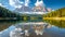 Vertical shot of the Dolomites mountain reflected in the waters of lake Lago Federa on a sunny day