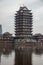 Vertical shot of Dongpo Urban Wetland Park main building near Minjiang river, Meishan city, China