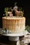 Vertical shot of a dreamy cake with white cream and orange drip with a forest and reindeers on top