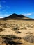 Vertical shot of dunes and bushes leading to a mountain in shadow in Corralejo Natural Park, Spain