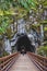 Vertical shot of a female walking inside a natural tunnel through a bridge