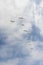 Vertical shot of a flock of birds flying against a cloudy sky