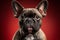 A Vertical Shot of a French Bulldog on Red, Gazing at the Camera. AI
