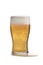 Vertical shot of a glass of bubbly beer with foam isolated on a white background