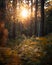 Vertical shot of golden sunlight seeping though dense forest foliage