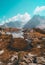 Vertical shot of a gorgeous view of a calm lake surrounded by mountains during daylight