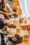 Vertical shot of a gourmet fast food restaurant table with burgers, fries, and drinks