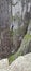 Vertical shot of the green moss growing on the gray rocks of the Seven Sisters Waterfall in Norway