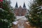 Vertical shot of the historical Holsten Gate in winter in Lubeck City, Germany