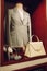 Vertical shot of mannequin with woman`s suits, high heeled shoes and a handbag