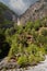 Vertical shot of the mountains and small green trees on the rocky, gray ground in a park in Greece