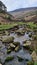 Vertical shot of a narrow stony river in the Peak District National park