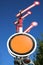 Vertical shot of an old double railway signal in blue sky
background