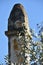 Vertical shot of an old rock surrounded by leaves under a bright cloudless sky on a sunny day