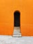 Vertical shot of an orange wall, stairs, and dark door