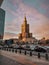 Vertical shot of the Palace of Culture and Science In Warsaw Poland against the pink sky
