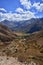 Vertical shot of a panoramic view from Maras over to part of the Sacred Valley in Cusco, Peru