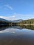 Vertical shot of a peaceful lakeside with a reflection of coniferous trees under the blue sky