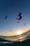 Vertical shot of people flying parachutes under the breathtaking sunset over the ocean