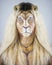 Vertical shot of a person wearing realistic lion makeup and hair