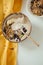 Vertical shot of a  plate coconut plate with a tasty smoothie bowl.