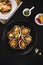 Vertical shot of plates of delicious traditional food on a black surface