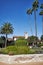 Vertical Shot of a Pound and palm trees in the Court Yard in a Historic Spanish Mission Church in California