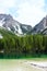 Vertical shot of the Prags lake in The Fanes-Senns-Prags Nature Park located in South Tyrol, Italy