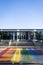 Vertical shot of Rainbow Pride crosswalk at Brandon University. Manitoba, Canada.