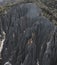 Vertical shot of the rocky cliff surrounded by green vegetation. Putangirua Pinnacles, New Zealand.