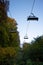Vertical shot of a ropeway over the colorful dense trees under the clear sky in autumn