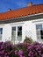 Vertical shot of a rural house with typical Norwegian architecture surrounded by pink flowers