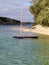 Vertical shot of a small yacht in a river with green trees on the bank on a sunny day