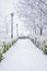 Vertical shot of a snowy walkway in a park in Madrid, Spain in 2021