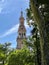 Vertical shot of the South Wing tower of Plaza de Espana. Seville, Spain.