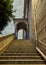 Vertical shot of stairs leading up to a decorative arched dome entrance