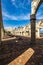 Vertical shot of the stone archways at the convent of Cuilapam de Guerrero in Mexico