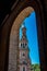 Vertical shot of the tower of Plaza de Espana. Seville, Spain.